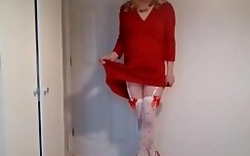 Hot red dress, heels and no panties