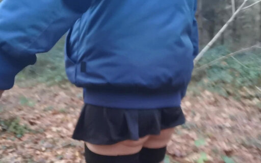 Sissy slut public in the woods with mini skirt thong and high heels
