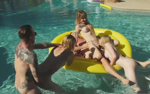 Four shemales in a blowjob and bareback anal pool group orgy