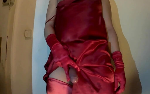 Wanking in full red Satin outfit