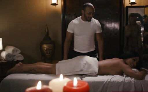 Busty shemale Eva Maxim sucked off and anal by black masseur