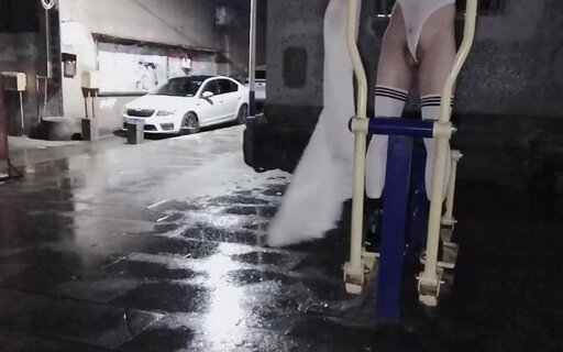 Chinese Crossdresser Swimsuit White Stockings Public Ca