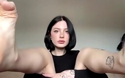 slim russian trans beauty with tattoos shows sexy feet and ass on webcam