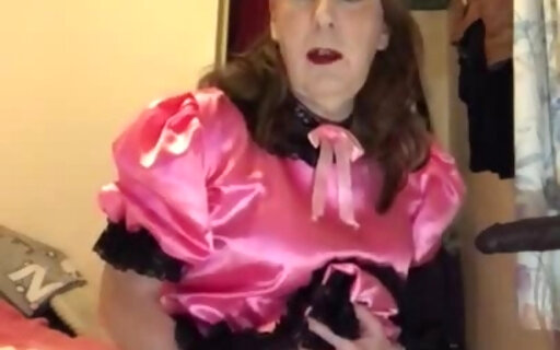 Dressed in Pink Satin and Maid to suck cock on camera