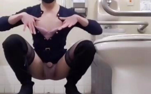 Horny Japanese crossdresser masturbation at toilet and cum