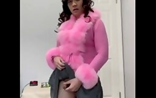 Asian sissy in fur lingerie and cardigan jerks tiny dick