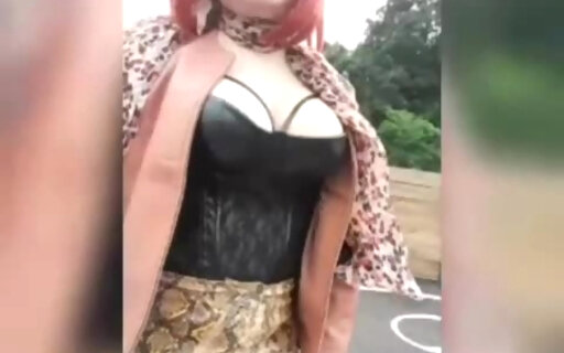 Sissy walks around town in leopard mini skirt