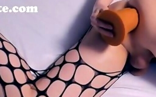Very sexy tranny in fishnets fisting and dildoing her ass
